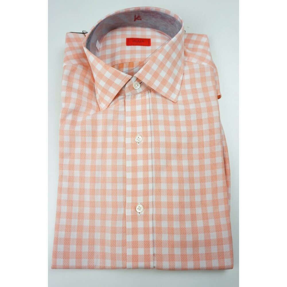 Isaia Napoli Orange White Plaid Woven Short Sleeve Cotton Shirt 15.5/39 NEW